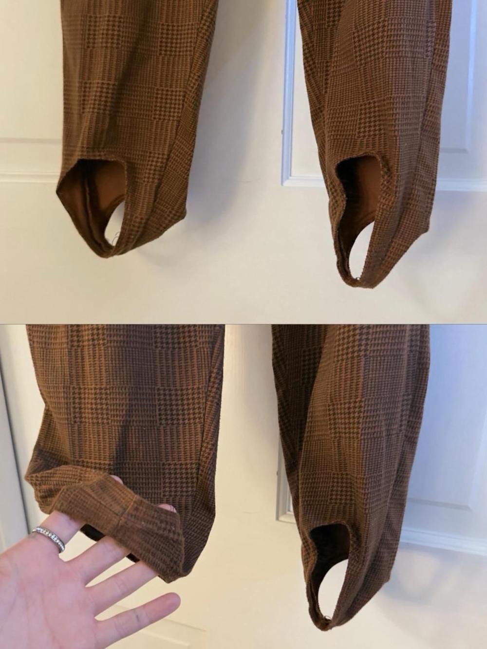 Vintage 90s Michel Carré Brown Houndstooth Plaid Stirrup Pants Academia Twee S/M - Picture 5 of 8